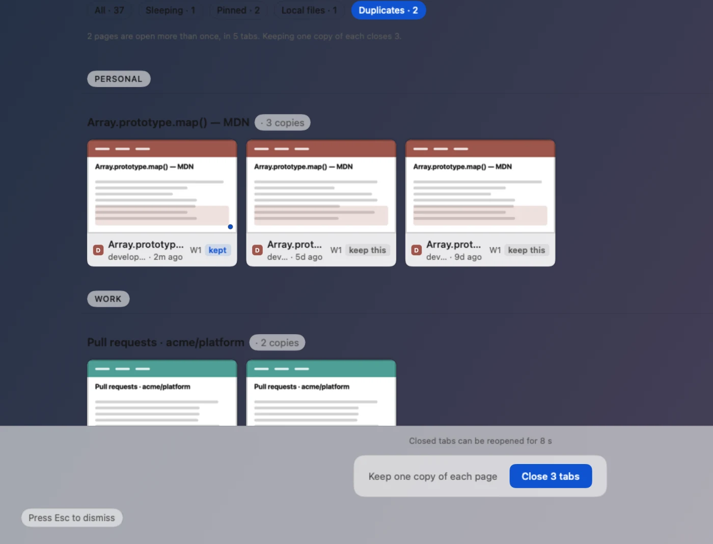 The Duplicates view: one section per page open more than once, each copy marked kept or keep this, and a bar reading Keep one copy of each page, Close 3 tabs.