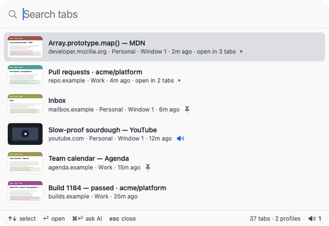 The Perch search box open with an empty query, listing recently used tabs with their titles, addresses, profile, window where the profile has more than one, and open in 3 tabs on a page open three times.