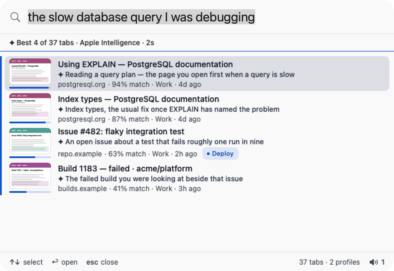 Perch search results from an AI query, each row showing a match percentage and a short sentence explaining why the tab matched.