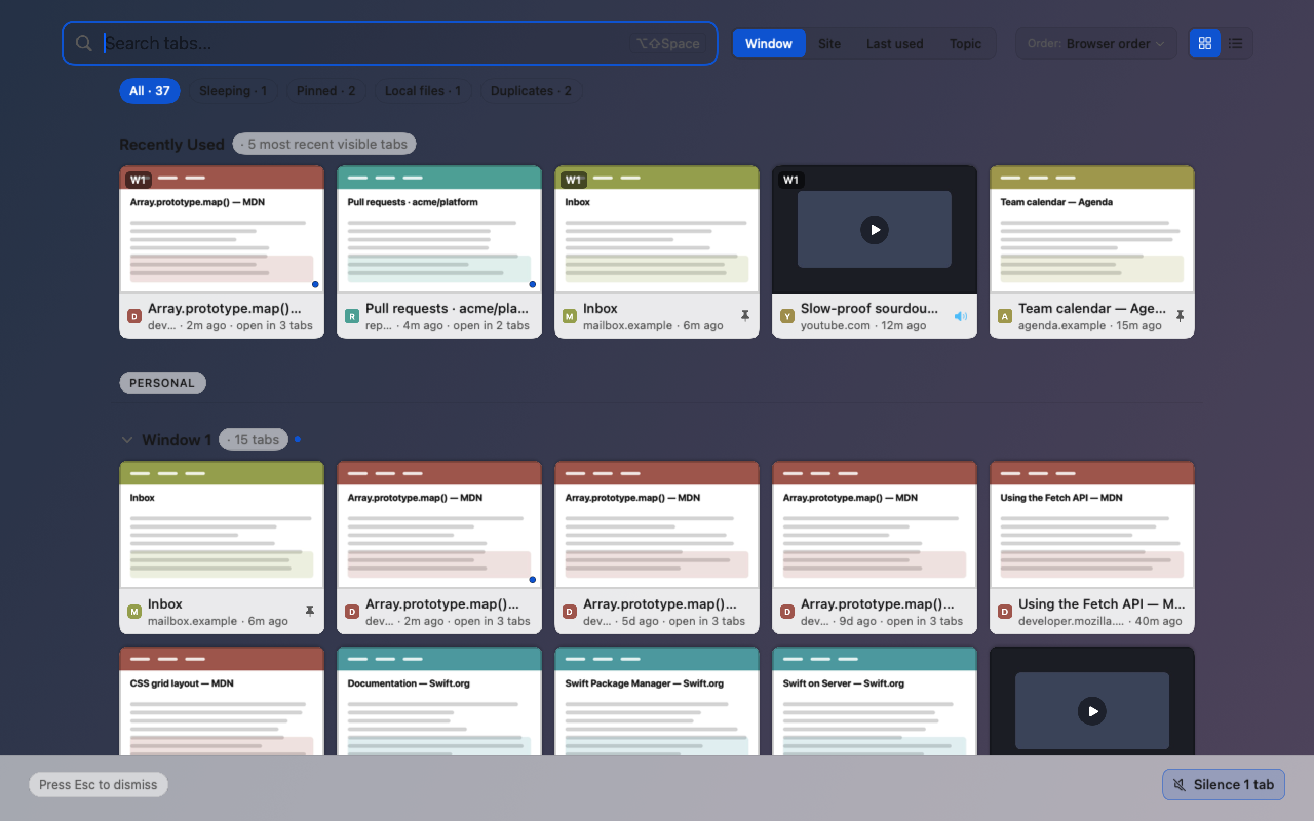 The Perch tab overview: a grid of tab thumbnails, each with its title and a second line naming the site and when it was last used, grouped under window headings, with a strip of controls and filter chips above the grid.