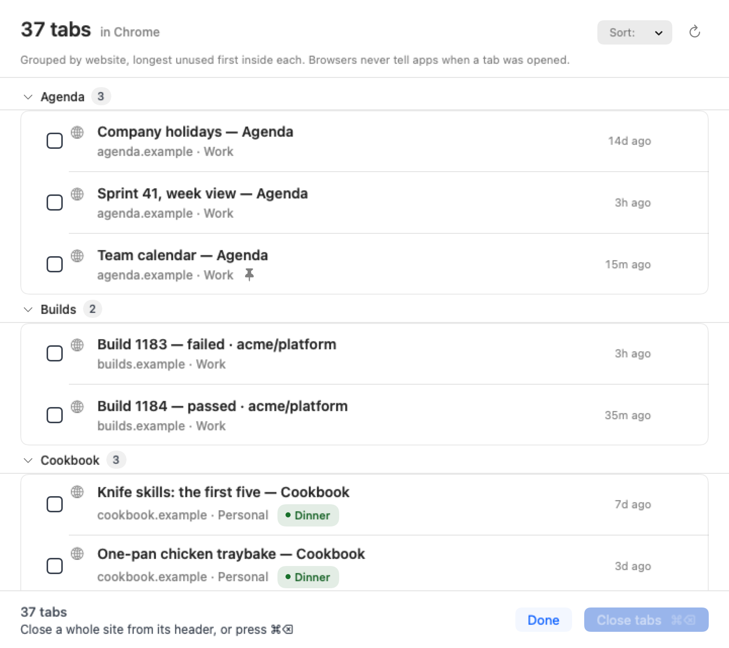 The Tidy Up window sorted by site, showing website headings with the tabs from each site listed underneath and a count in the footer.