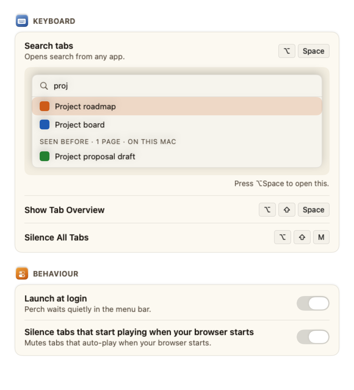 The General tab of Perch settings: a Keyboard card with the search shortcut, a small live picture of the search palette it opens and the line Press Option-Space to open this, then the Show Tab Overview and Silence All Tabs shortcuts; below it a Behaviour card with Launch at login and Silence tabs that start playing when your browser starts.