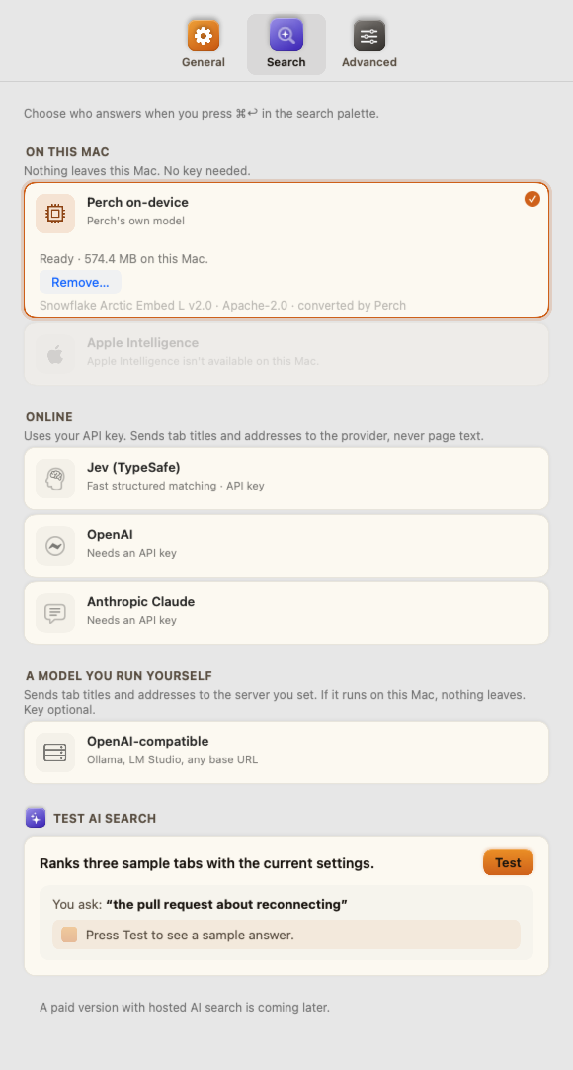 Settings → Search showing the On this Mac group with Perch on-device selected and ready, and Apple Intelligence as a separate card below it.