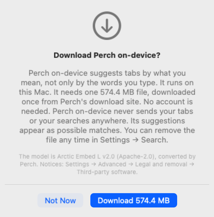 The consent prompt before downloading Perch on-device: names the model, its licence, the download size and that nothing leaves the Mac.