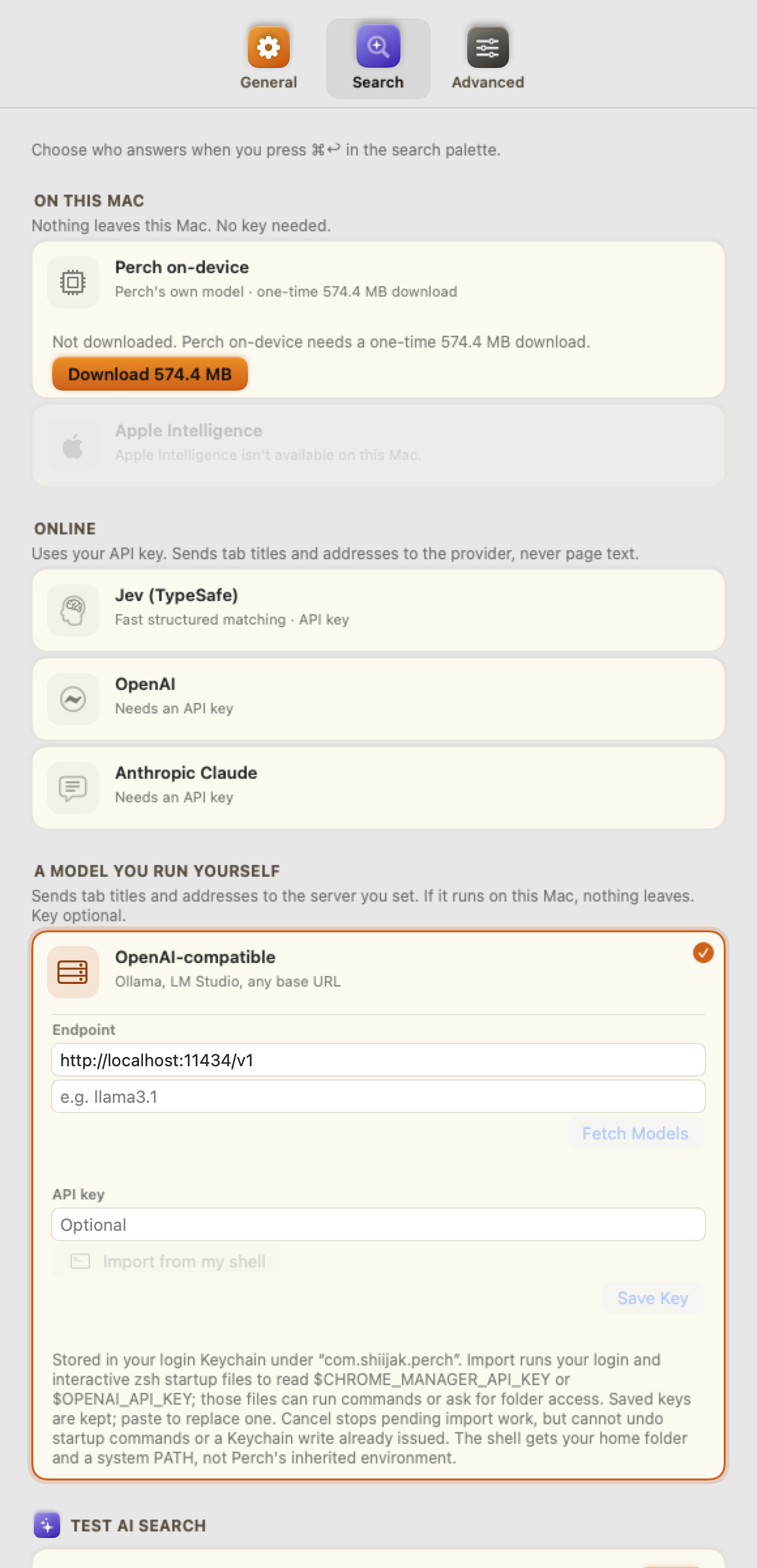 Settings → Search with an OpenAI-compatible card selected: the Perch on-device card still shows Download on its own card above.