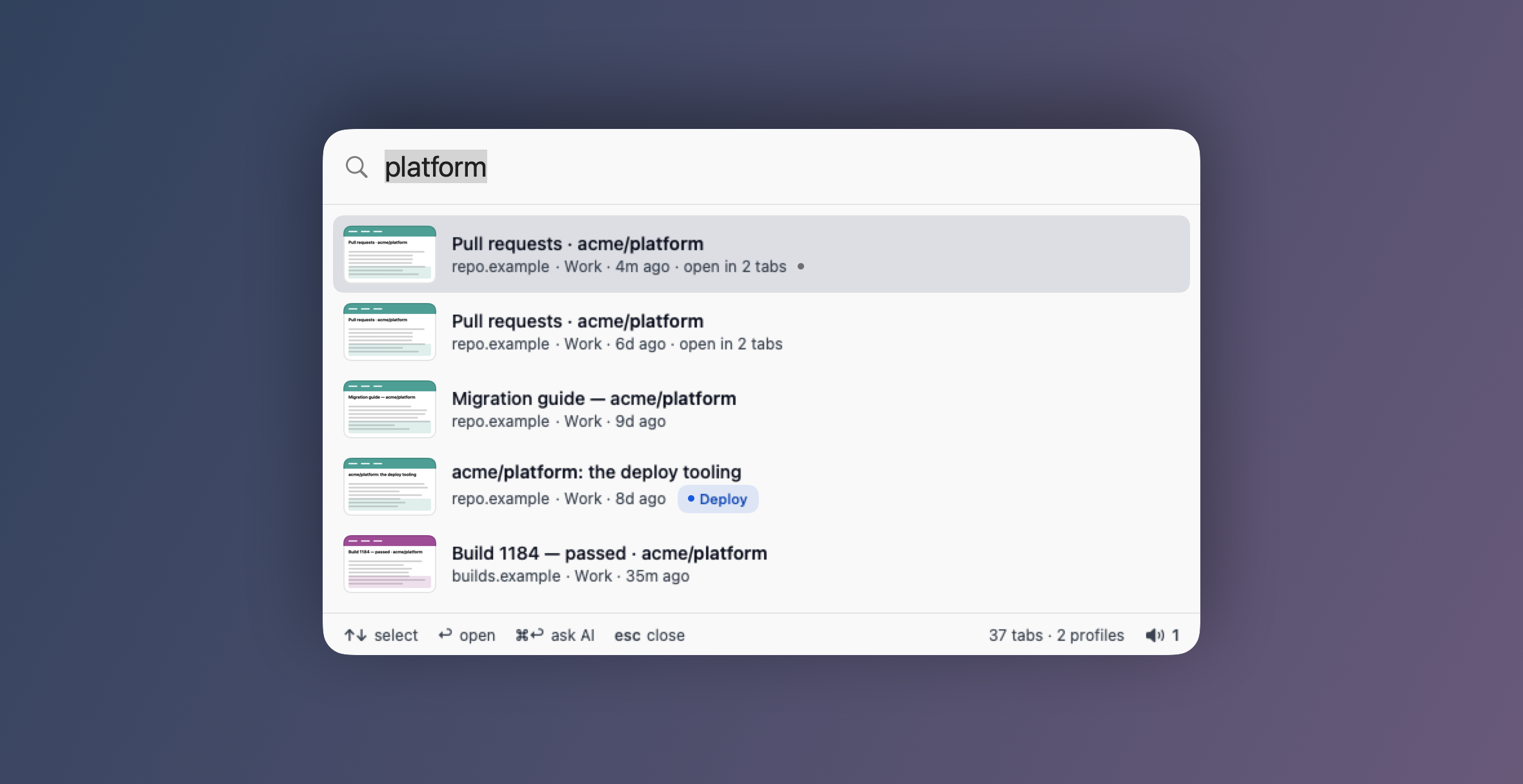 Perch's search panel, listing matching Chrome tabs with their titles, addresses and profiles, floating on a plain gradient.