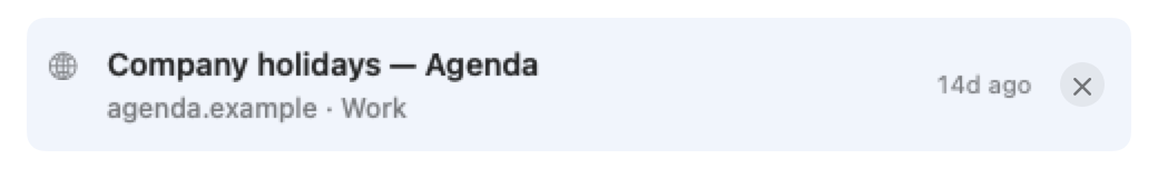 A single Tidy Up row, hovered: favicon, title, host, when it was last used, and the close button at the end.