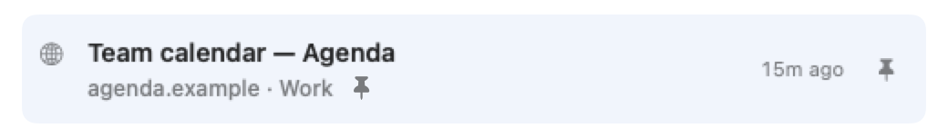 A pinned tab's row in the Tidy Up list, hovered, marked as pinned and with no close button at the end of it.