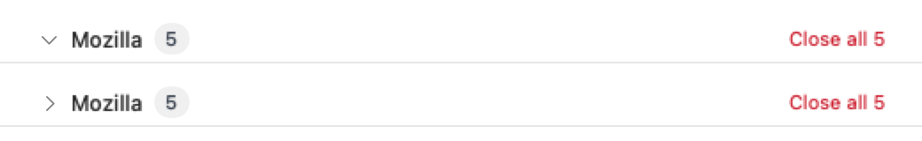 A site section header in the Tidy Up list, shown both expanded and collapsed, naming the website, the number of tabs under it, and a Close all button.