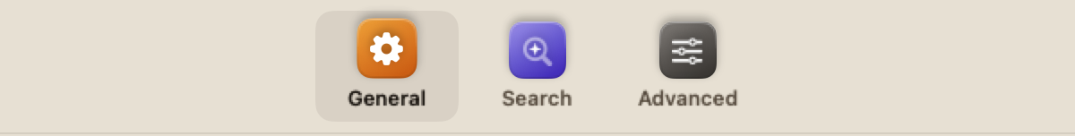 The three tabs across the top of the Perch settings window, General, Search and Advanced, each with its own coloured badge, with General selected.