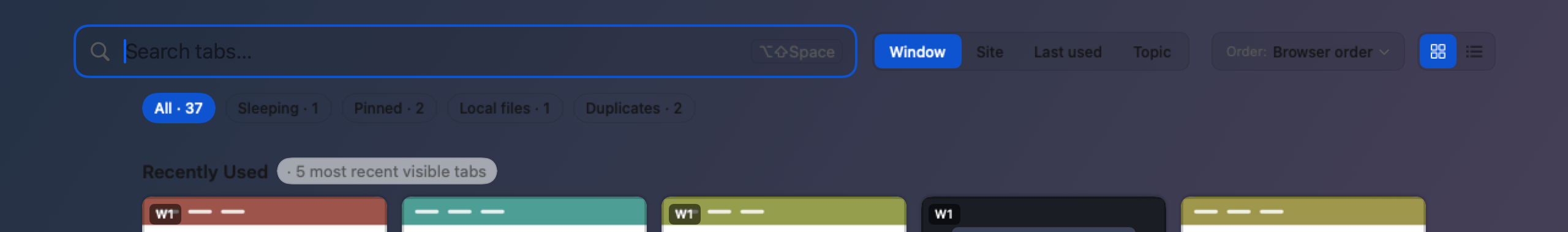 The top of the tab overview: a search field with Window, Site, Last used and Topic buttons and an Order button beside it, and below them five filter chips reading All, Sleeping, Pinned, Local files and Duplicates, each with a count.