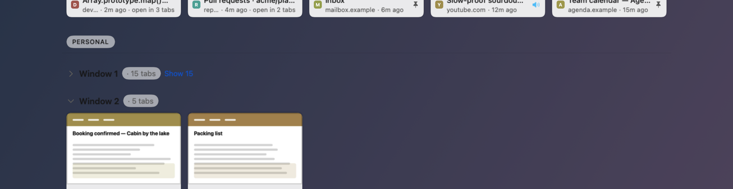 Two section headings in the tab overview: the upper one folded away with a Show 15 link beside its count, the lower one open with its pictures below it.