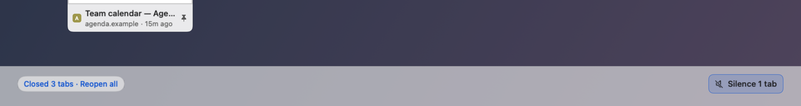 The foot of the tab overview: a docked bar beneath the scroll area, with Closed 3 tabs, Reopen all on the left and Silence 1 tab on the right, shown only because a tab is playing sound.