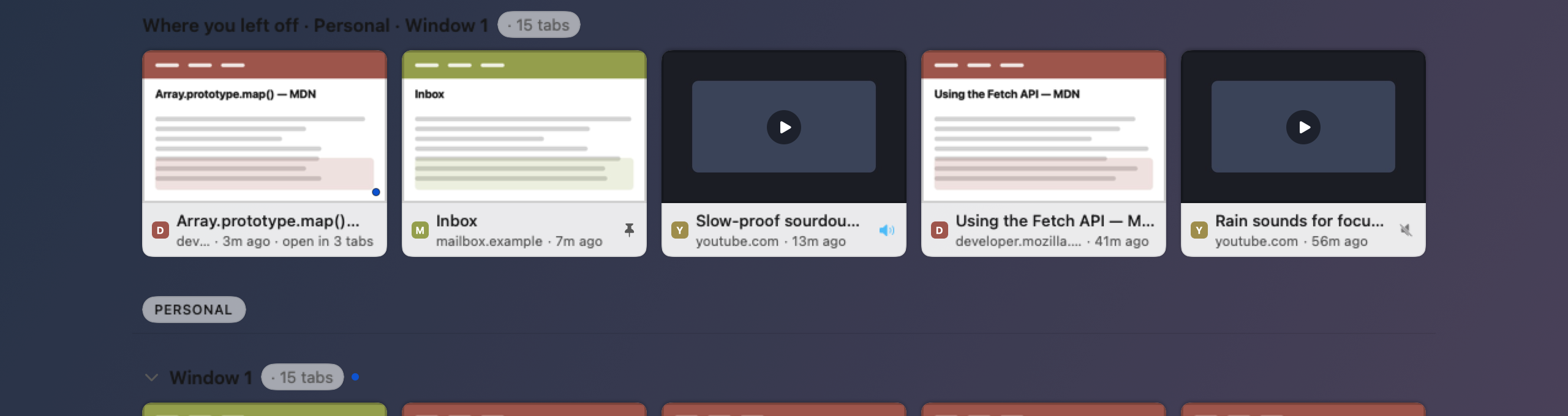 A section at the top of the tab overview headed Where you left off, naming a profile and a window, with five pictures under it.