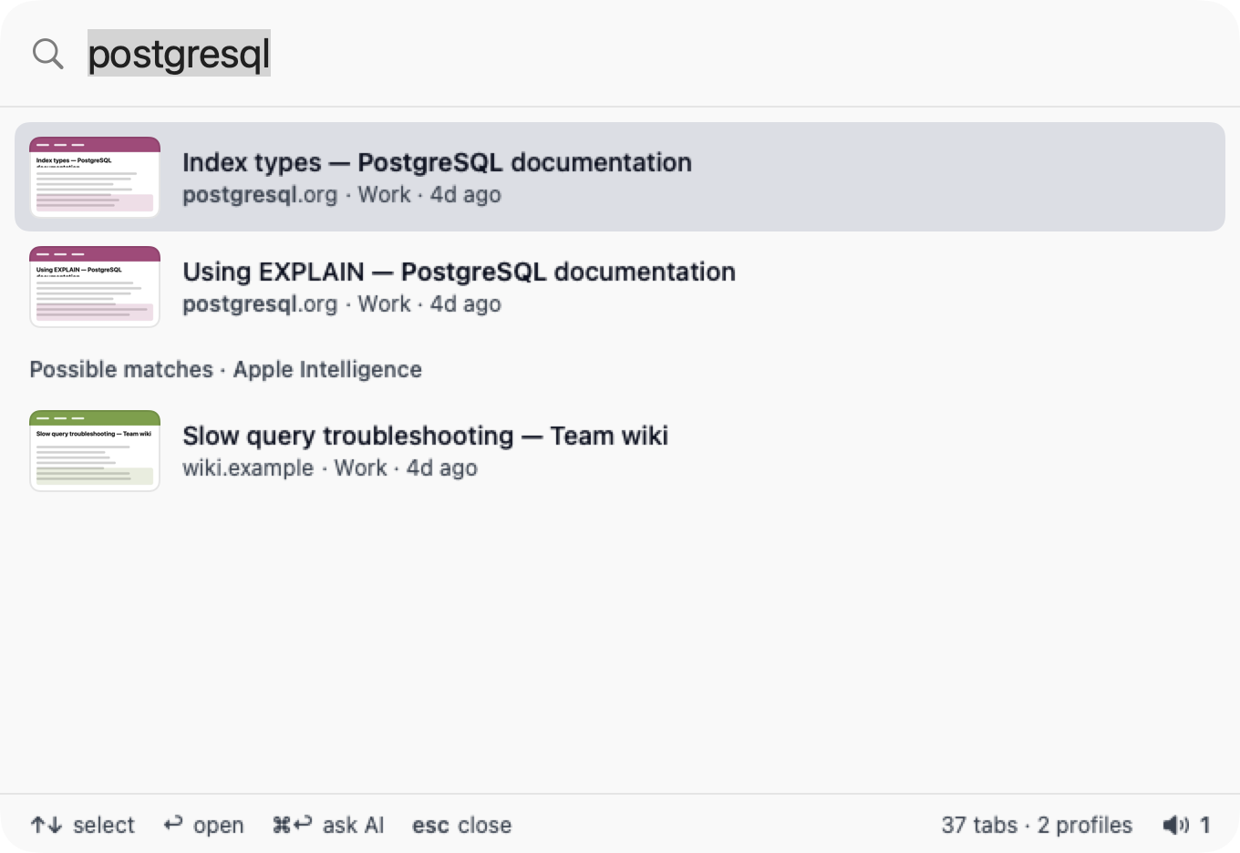 Perch search results with two keyword matches at the top and a Possible matches section below showing one suggestion from Apple Intelligence, without a percentage or confidence bar.